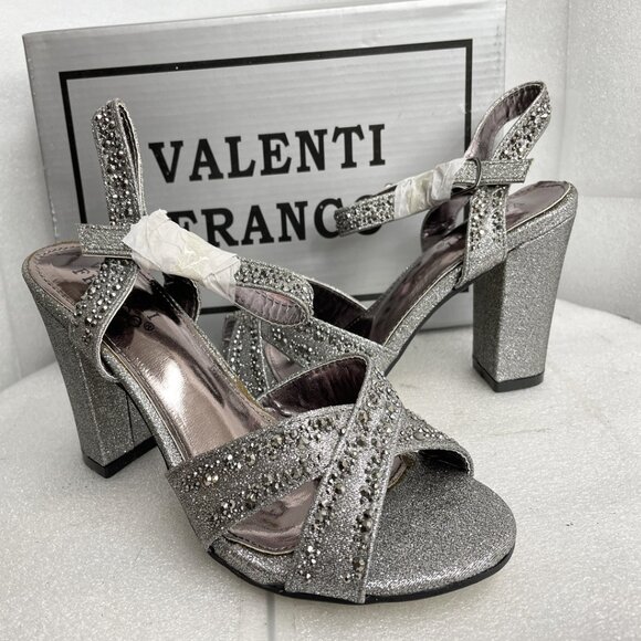 Valenti Franco Women's 7 Strappy Sandal Pewter Glitter Beaded High Heel Shoes - Picture 1 of 13